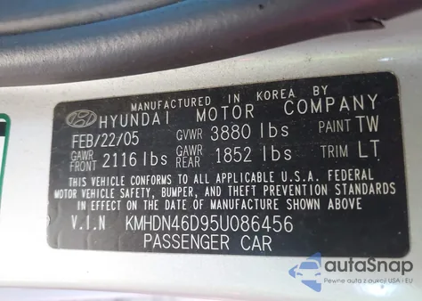2005 Hyundai Elantra Gls/Gt z USA, uszkodzony, nr VIN KMHDN46D95U086456